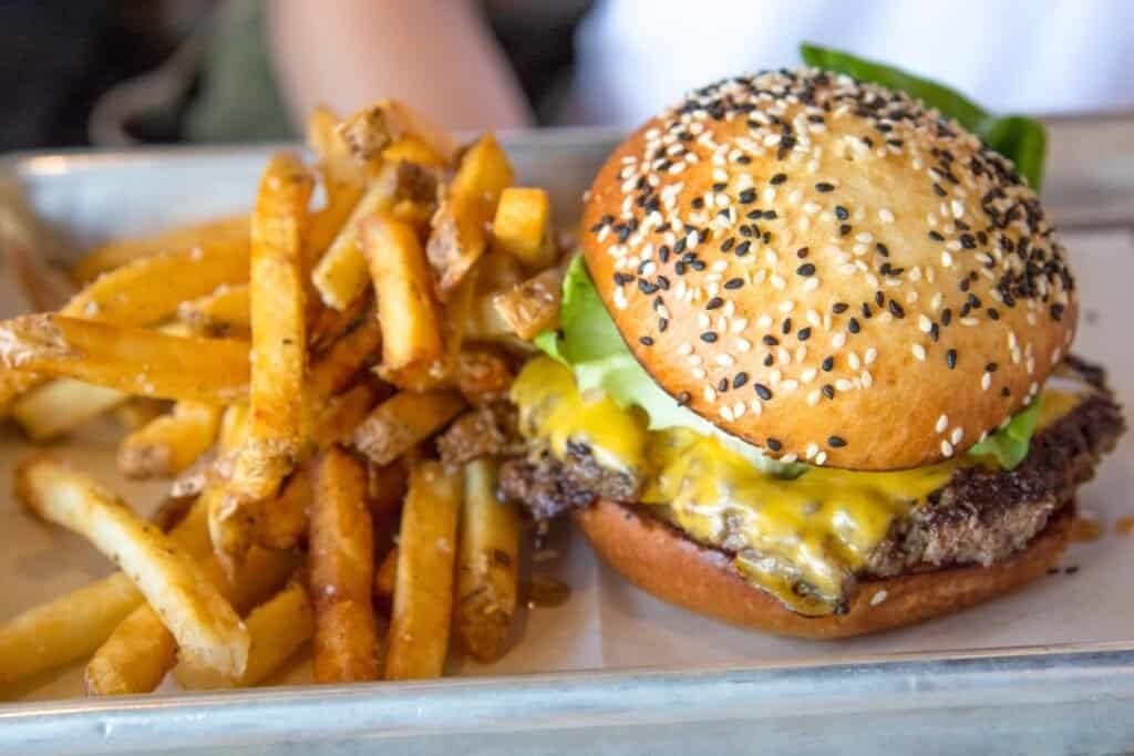 hamburguesa vs sandwich - selective focus photo of burger and fries