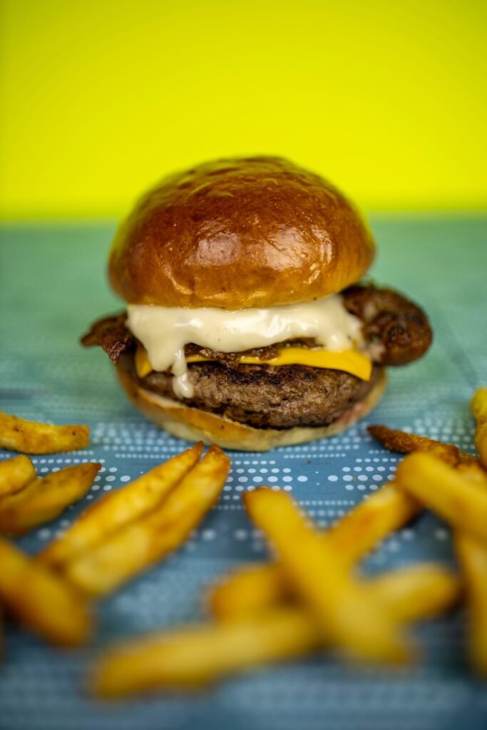 burger with patty and fries